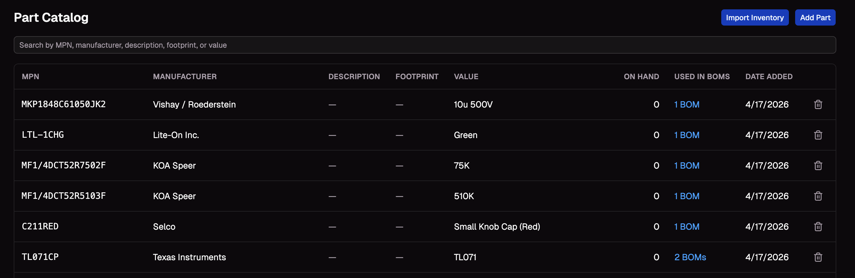 Part Catalog screenshot